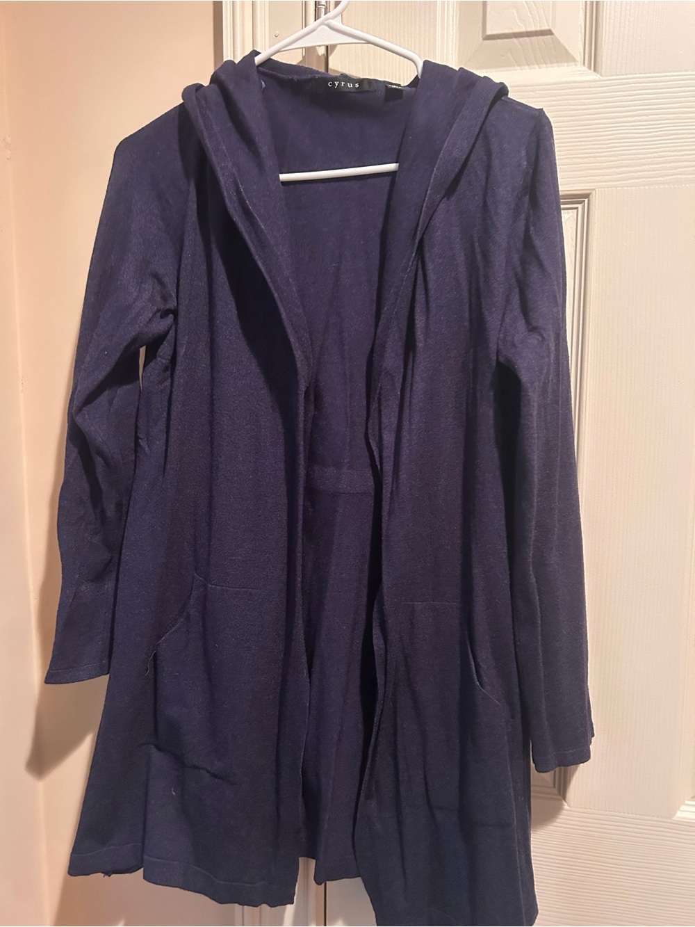 Cyrus Dark Navy Hooded Open-Front Cardigan Coat
